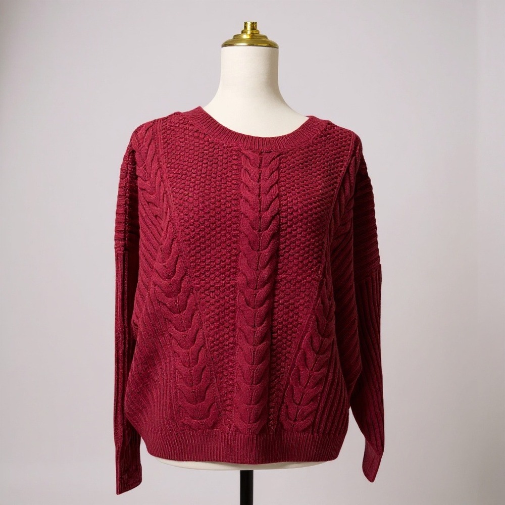 Tommy Hilfiger Women's Burgundy Cable Knit Crewneck Sweater XL